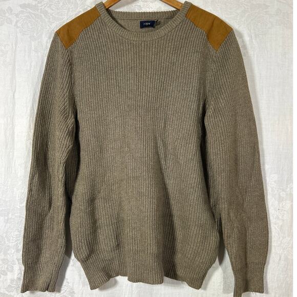 J Crew Sweater Lrg Tan Cotton Ribbed Faux Suede Shoulder Patch Woodsman Comando - Picture 1 of 10